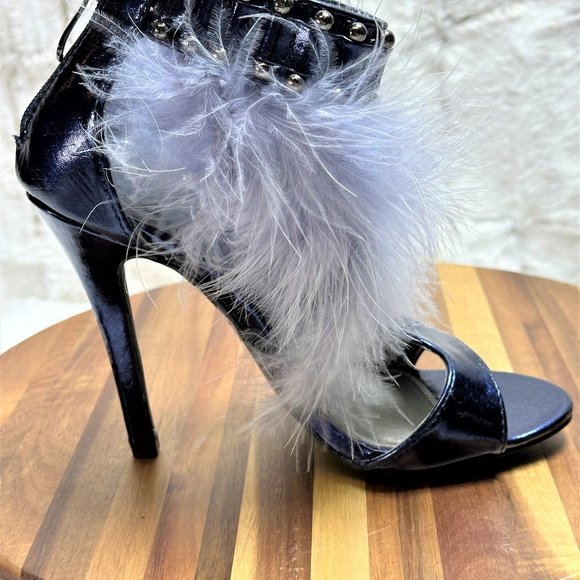 * Cape Robbin Metallic Blue T trap High Heel Shoes with Feather Accents - Picture 9 of 11